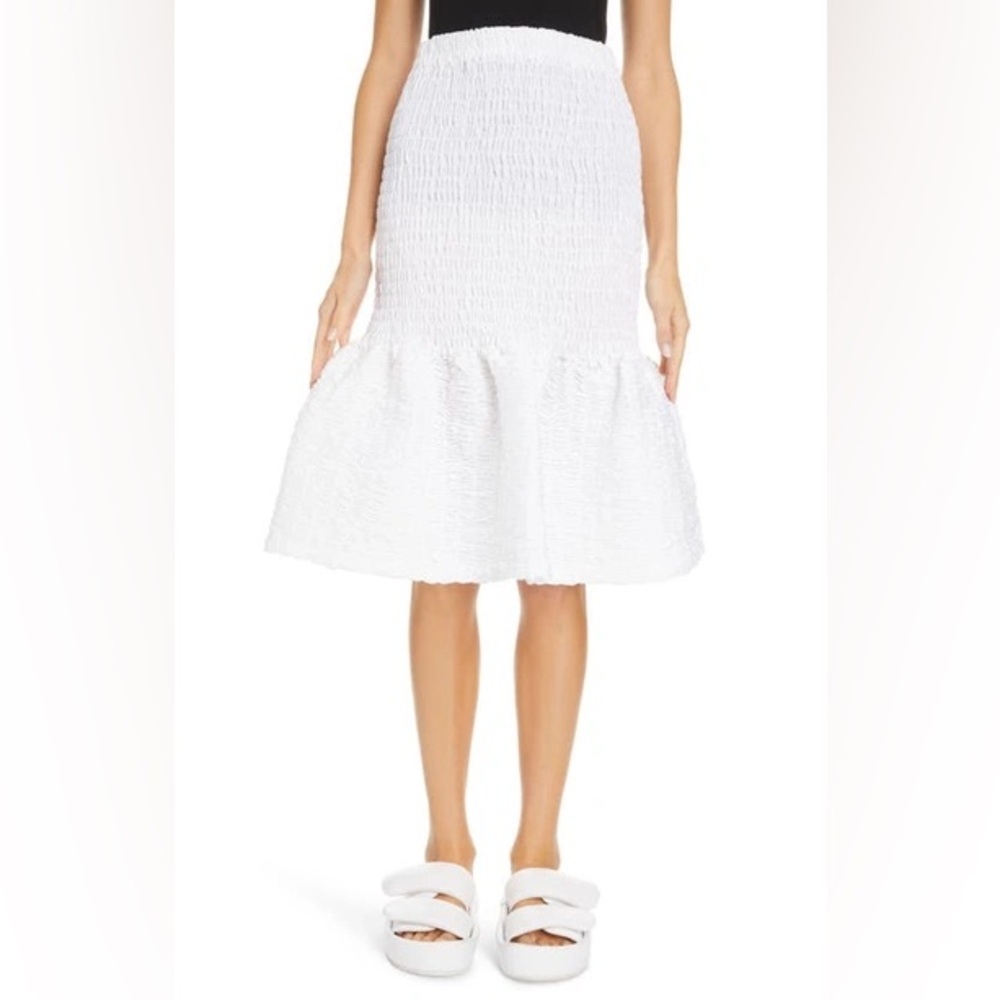 NWT Dries Van Noten White Saturn Smocked Cotton Poplin Midi Skirt | M